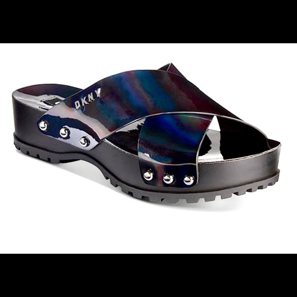 NIB-DKNY Iridescent Slide Platform Sandals